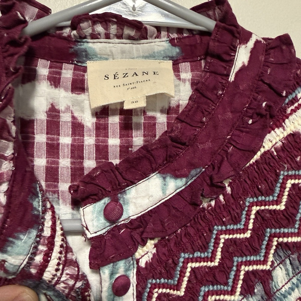 Sezane Elena Ruffle Pruple Tie Dye‎ Sleeveless Button Front Blouse Size EU 36 - Picture 4 of 8